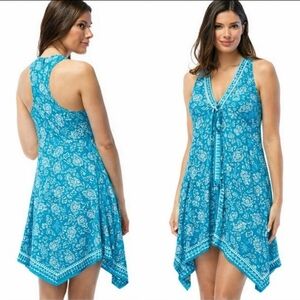 Coco Reef Cover Up Dress blue white sleeveless stretch asymetric vneck Stretch M